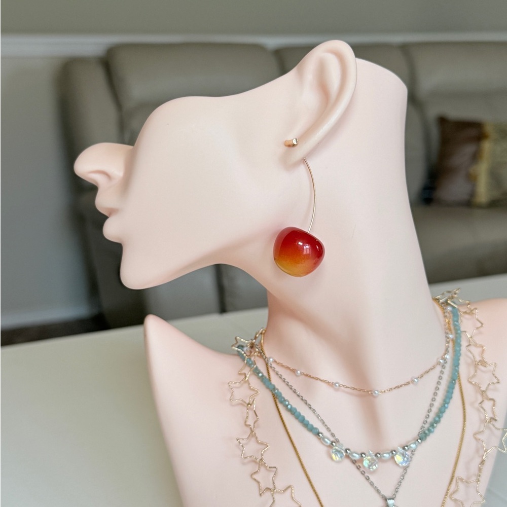 Red-Orange Gradient Cherry Drop Earrings - Picture 3 of 10